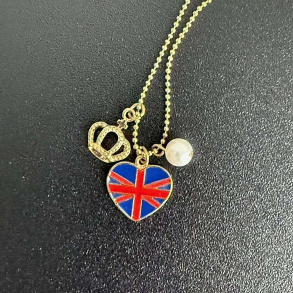 Heart-shaped Union Jack,Imperial Crown faux pearl Charms Pendants Goldtone Chain